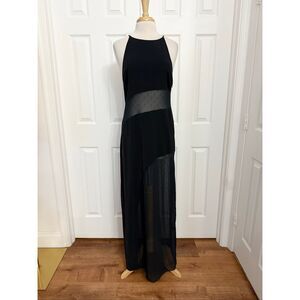 NBD Black Sleeveless Metallic Mesh Panel Cutout Satin Liliana Maxi Dress M NWT